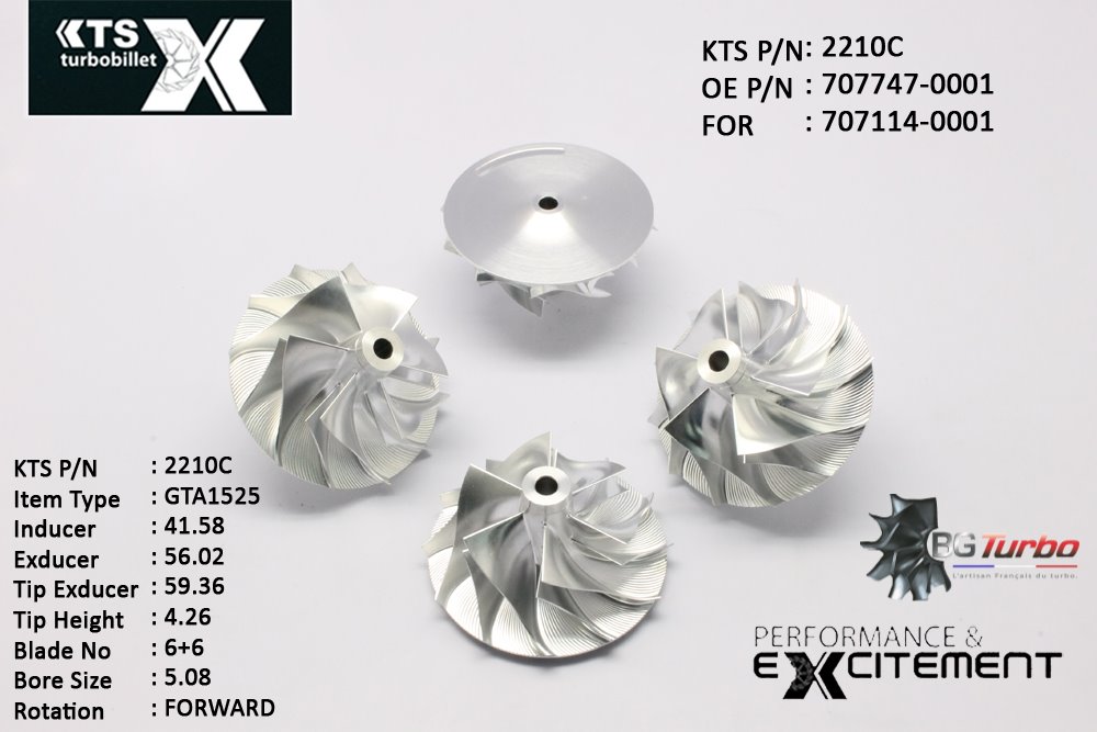 Turbo ROUE FORGÉE MFS PERFORMANCE - 6+6 PALES - INDUCER : 41,58 - EXDUCER : 56,02 - TYPE : GT2256ANGLE : 55° - ROTATION : Forward - SUPER BACK : 2,39 - BORE SIZE : 5,08
